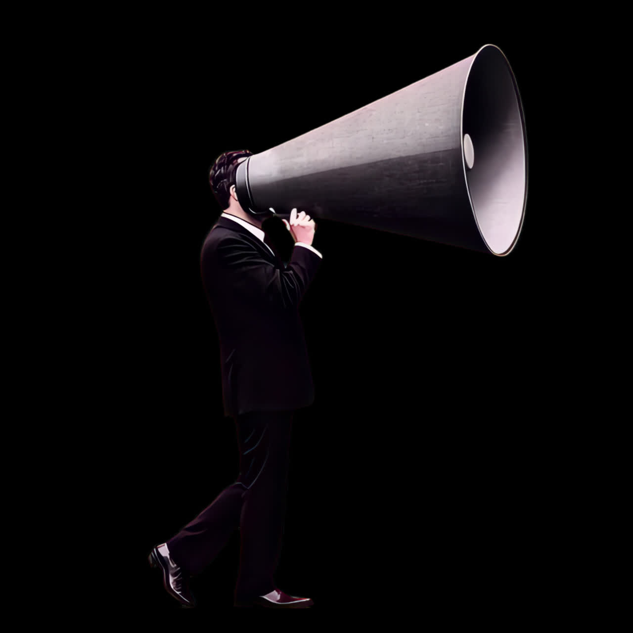 Man with giant megaphone shouting animation isolated asset, transparent 4K video, alpha channel