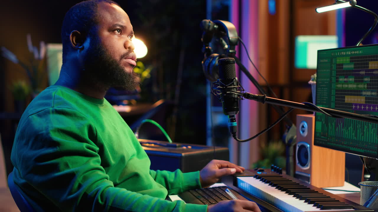 compositor hábil que escribe rimas y letras para crear nueva música en el estudio doméstico