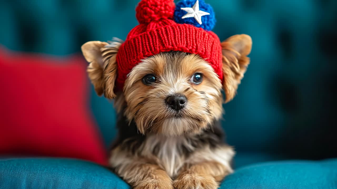 Cute puppy in festive knit hat indoors. A small puppy wearing a red knit hat sits on a teal couch, looking adorable with a playful expression