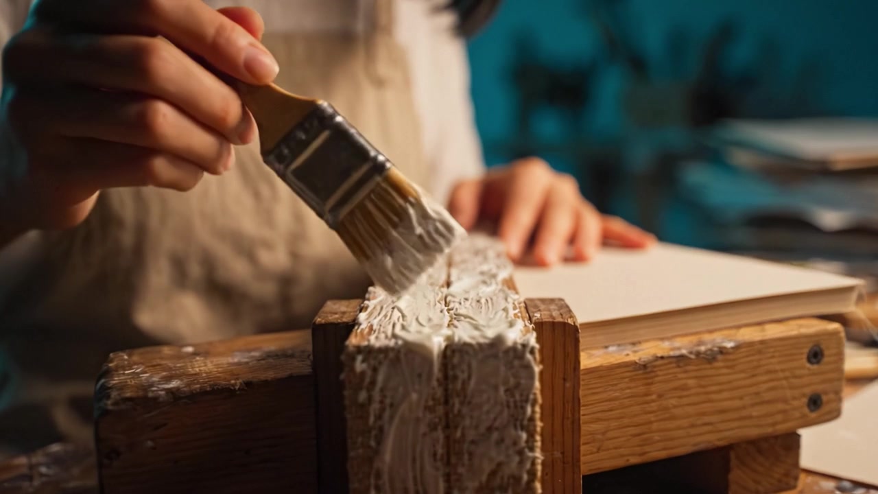 Esplorazione artistica: un individuo concentrato che applica pittura bianca su una tela di legno in un ambiente di studio scarsamente illuminato con un'atmosfera creativa
