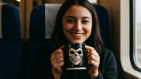 a young woman enjoys her coffee on a train, holding a unique skull mug with a big smile, capturing a moment of joy and leisure during her journey