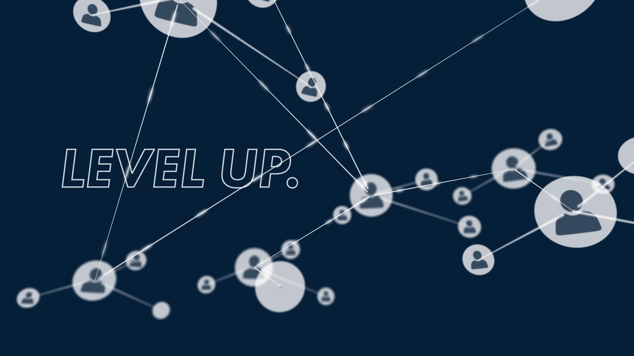 Animation of network of connections with icons and text on dark background