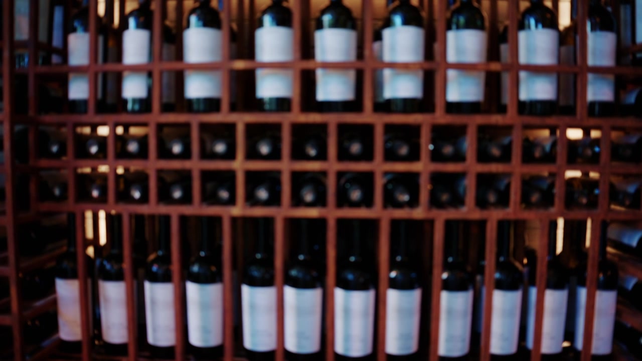 File di bottiglie di vino conservate in una scaffalatura in legno per cantina.