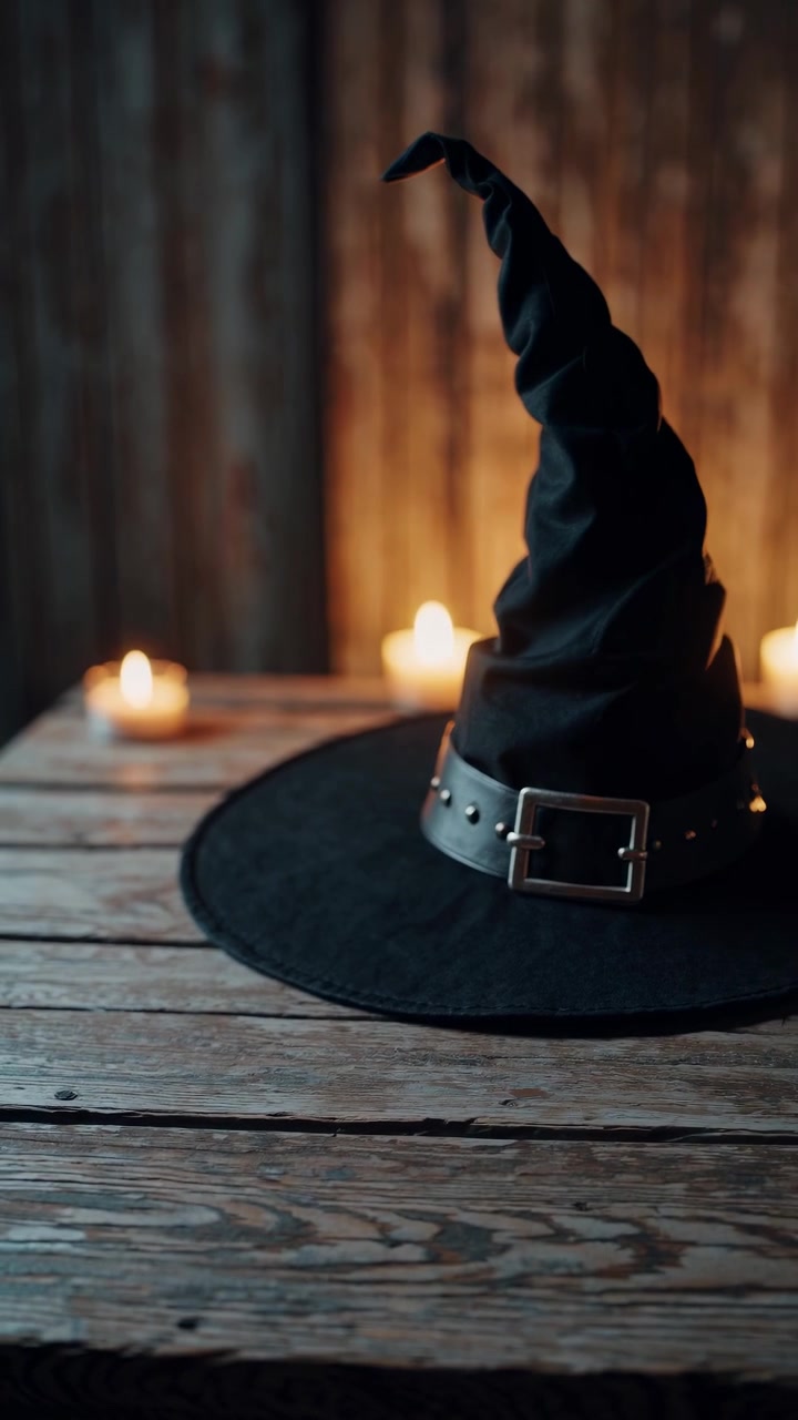 Black Witch Hat on Wooden Table with Glowing Candles