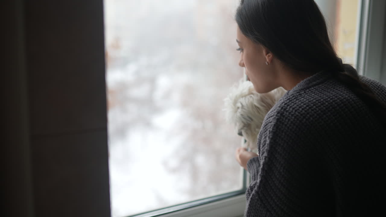 눈이 내리는 날 창문에 있는 여자와 개