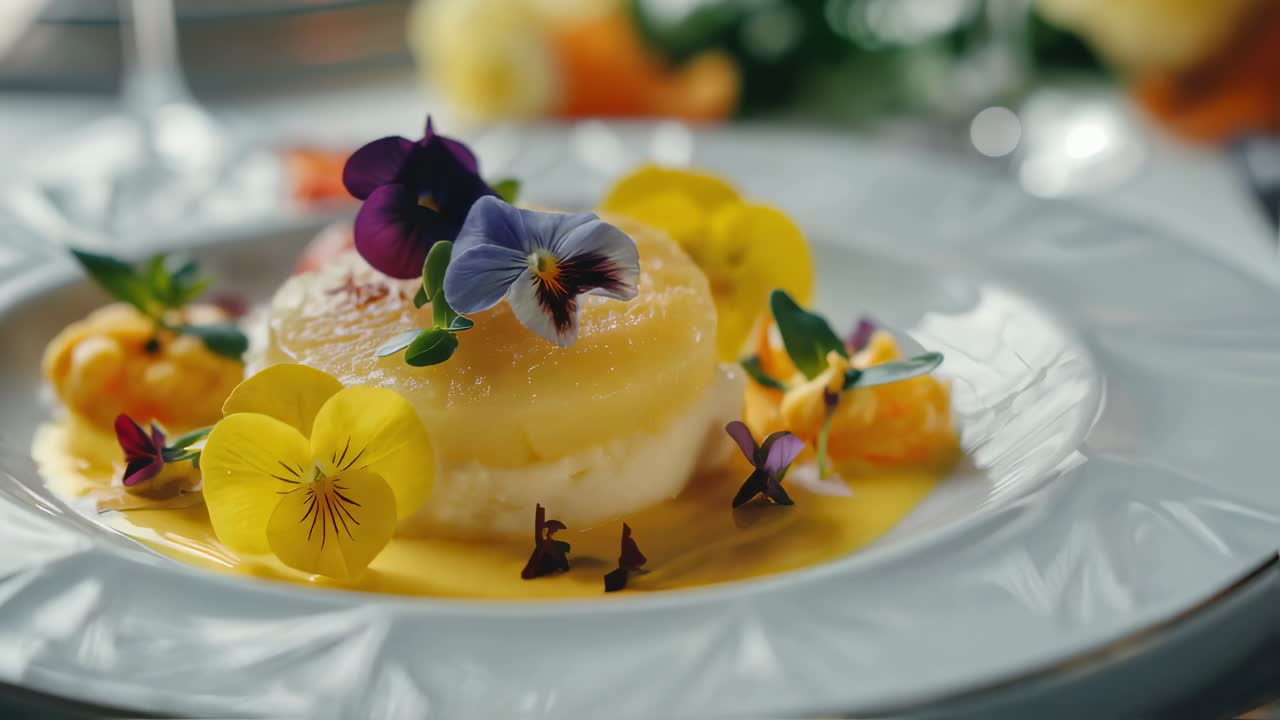 Pineapple dessert with cream and edible flowers, served on a white plate with yellow sauce, garnished with small orange quenelles and colorful pansies, creating a sophisticated culinary experience