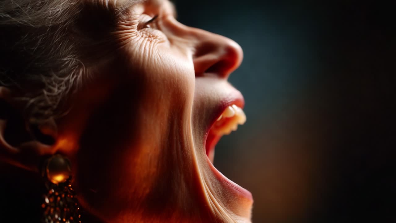 An expressive close-up of an older woman's face as she passionately yells, capturing the intensity of emotion and the beauty of experience through her lines and vibrant expression