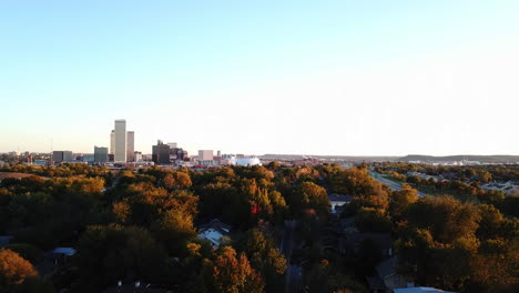 static shot looking into the skyline of downtown georgia overhead an autumnal