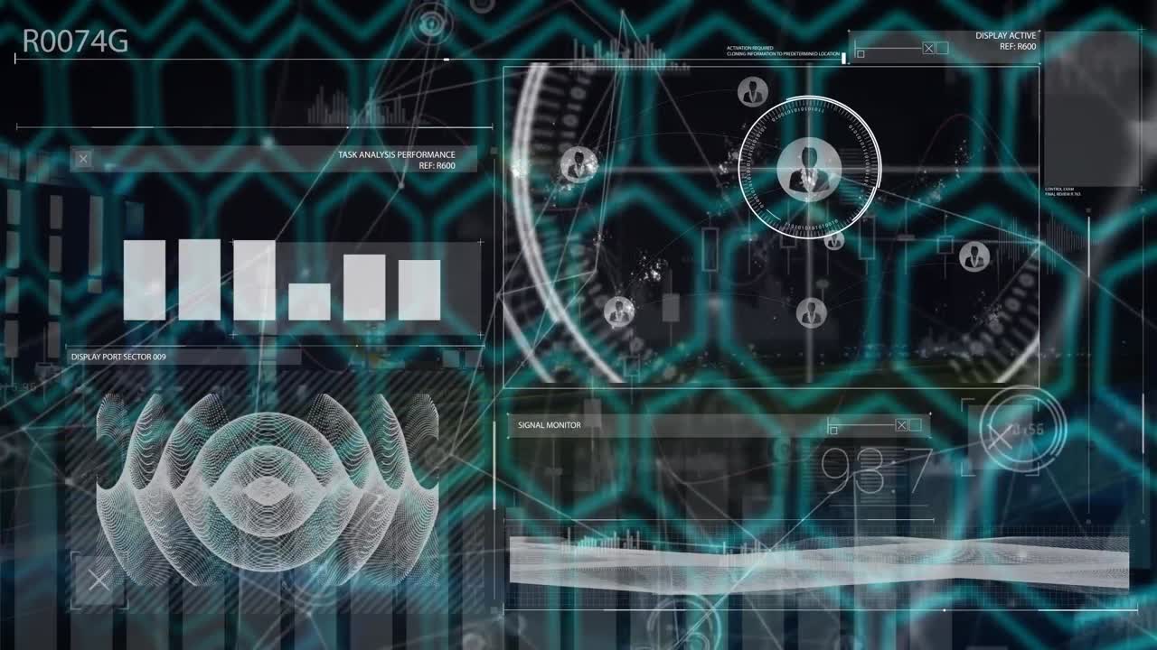 Animation of diverse data and icons over black screen with hexagons