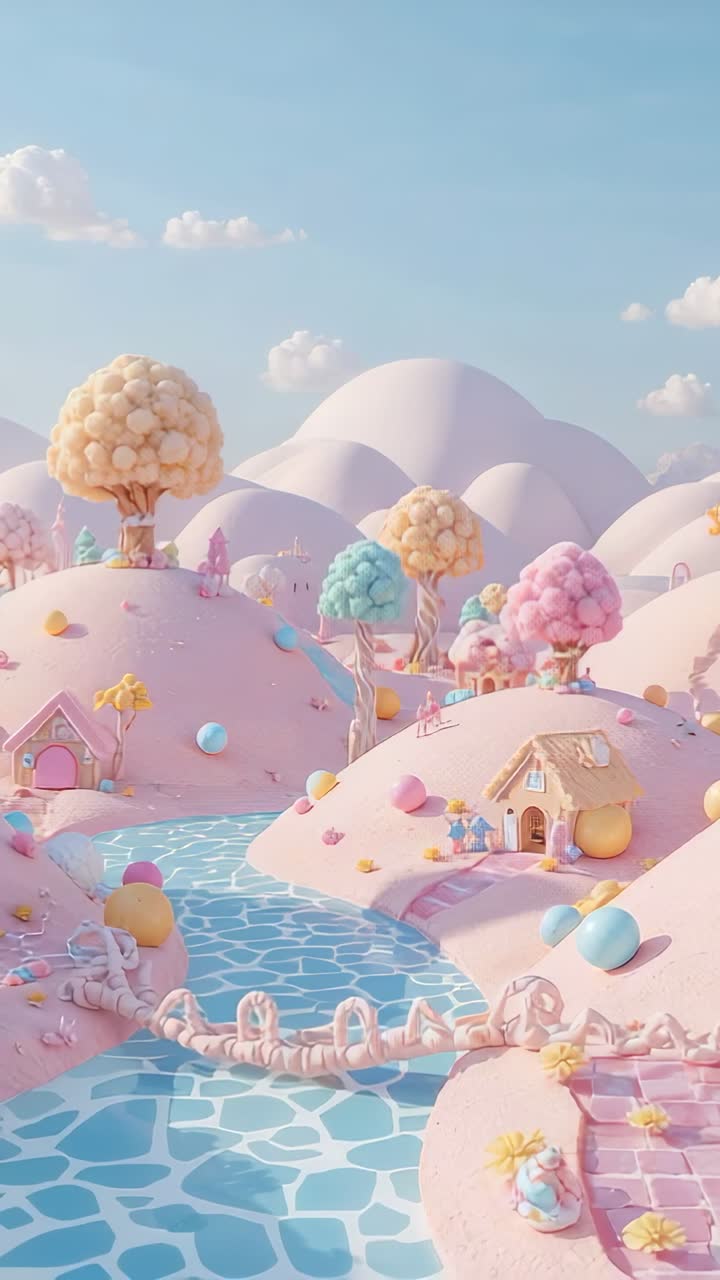 Vertical video: Camera panning across pastel fantasy valley, revealing rope bridge over blue river