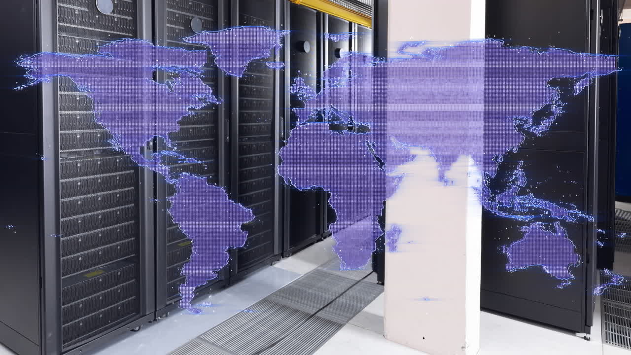 анимация техники сбоев на карте на фоне серверной комнаты