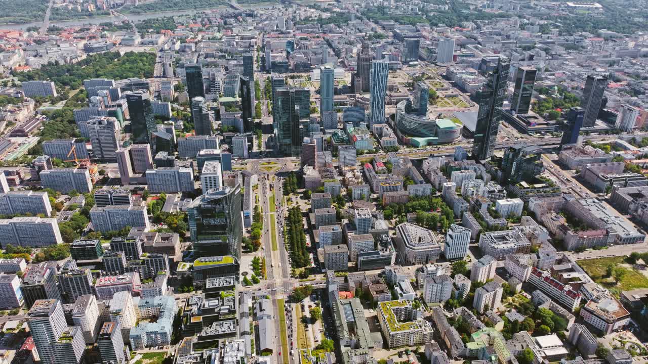 Drone establishing view of Warsaw showing economic growth and strategic location