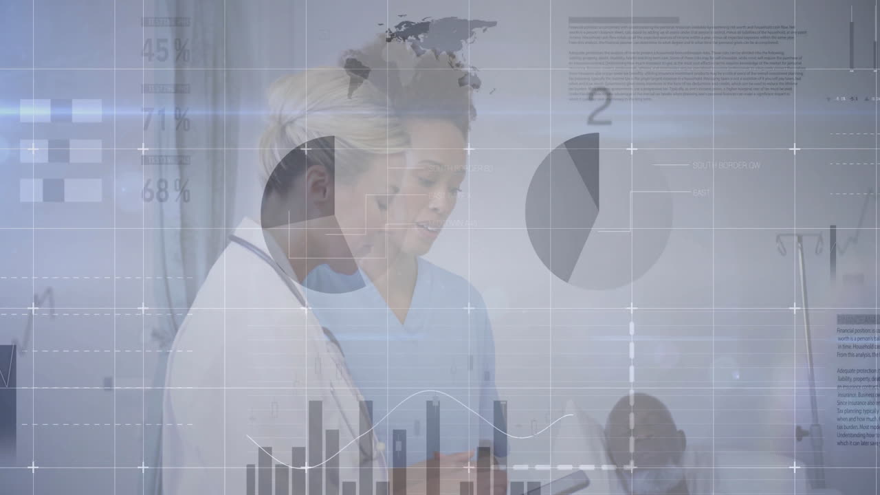 Doctor and nurse reviewing data on tablet by hospital bed, with floating graphs and charts