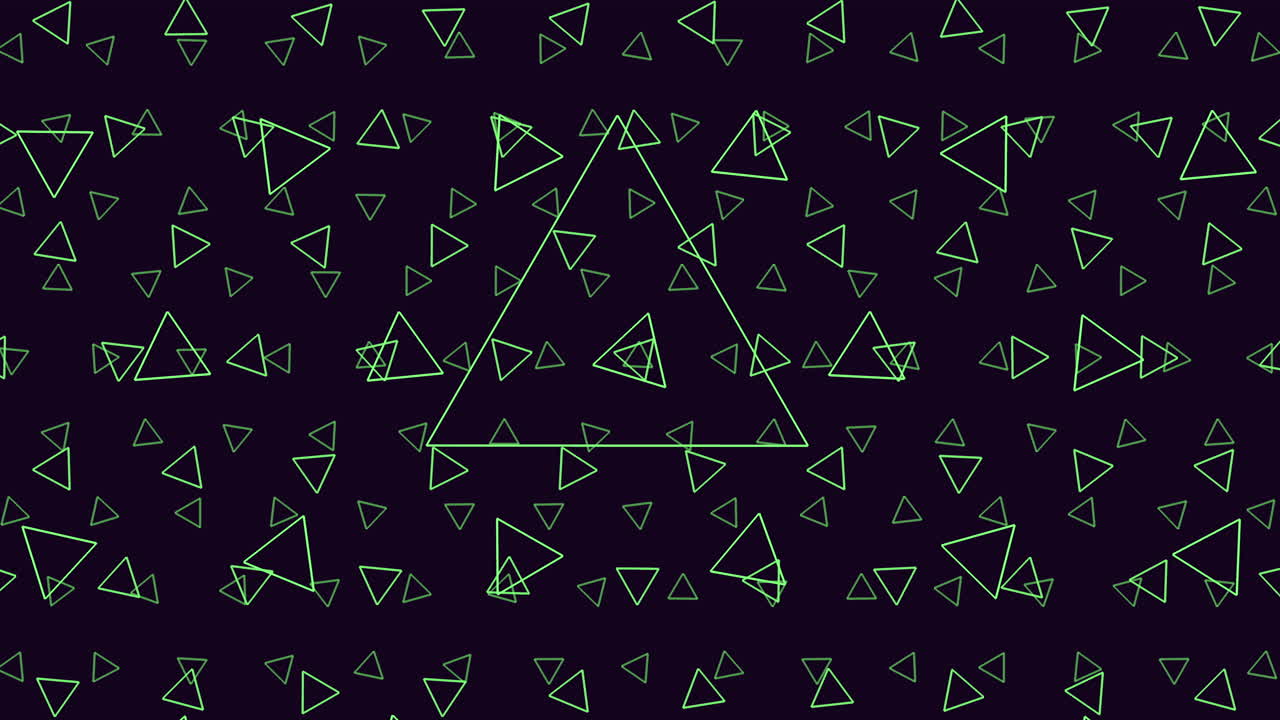 Abstract of glowing neon green triangle outlines moving on a dark background, forming large central triangle shape. Ideal for tech intros, digital backgrounds, music visuals and motion design