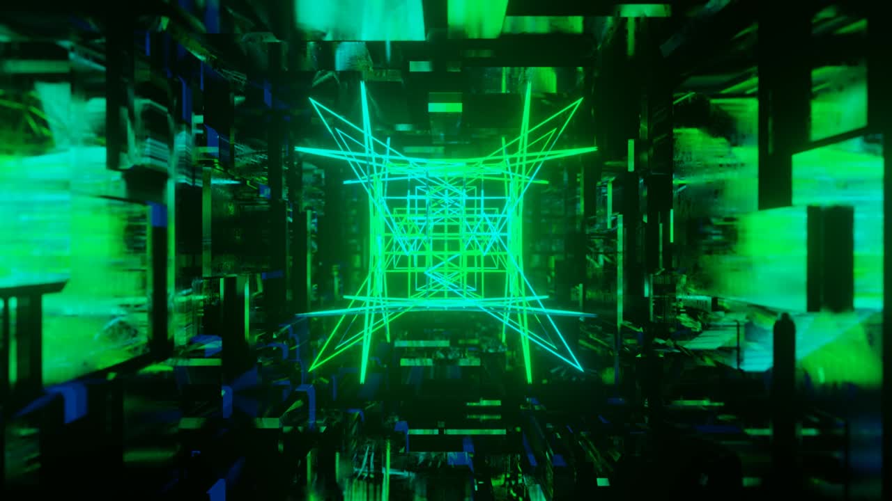 3d object or structure rotates and moves inside glass mirror tunnel with neon light, bright reflections. Fantastic abstract bg looped in 4k. Vj loop for show. Sci fi bg fly through hi tech tunnel
