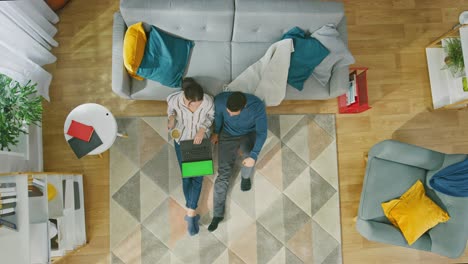 young couple is sitting on a floor and using a laptop with green screen. girl drinks coffee. cozy living room with modern interior with carpet, sofa, chair, table, shelf, plant and wooden floor. top down.