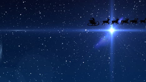 animation of snow falling, stars, sledge and raindeer over black background