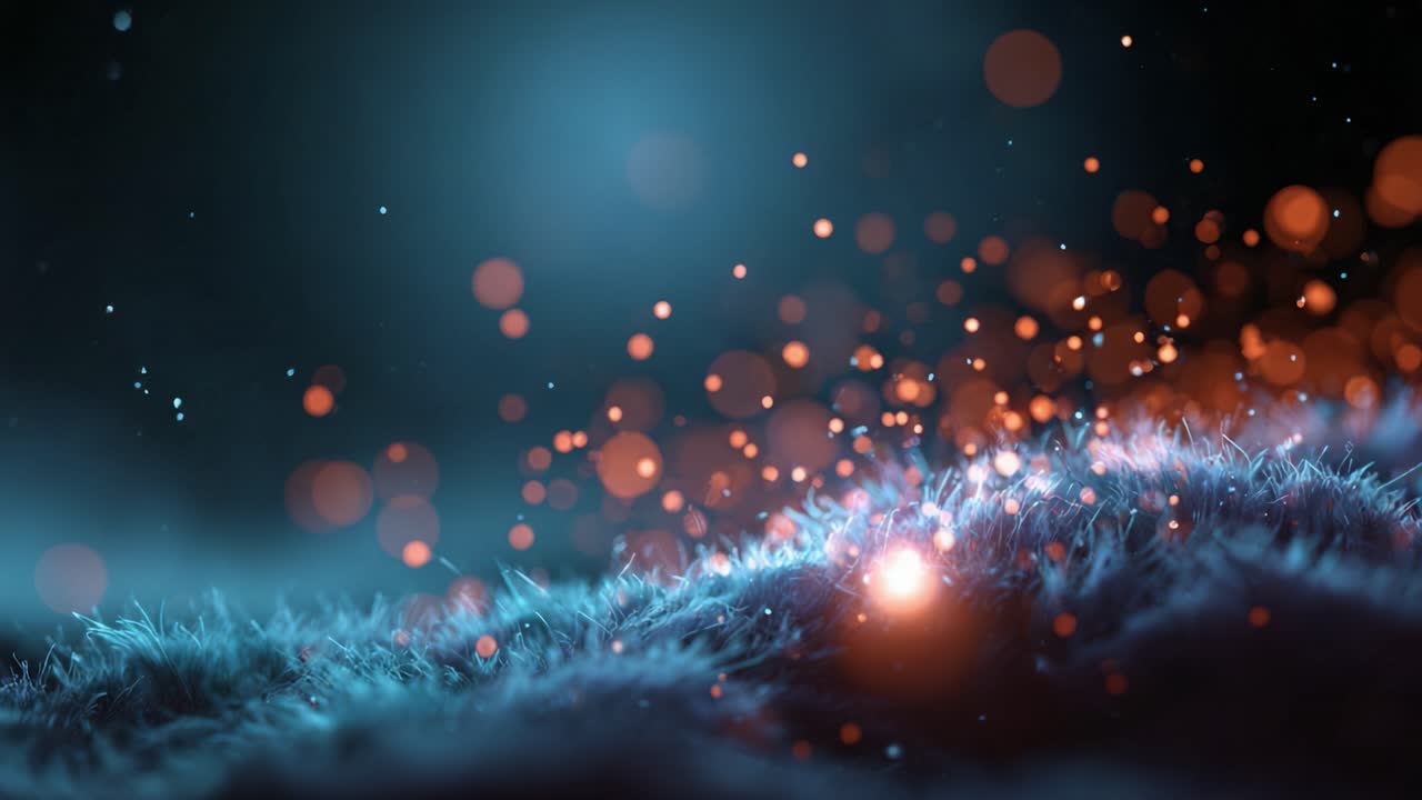 Particelle affascinanti danzano su una superficie morbida e texturizzata, creando un'atmosfera onirica con luci scintillanti e una miscela di colori durante un momento etereo.