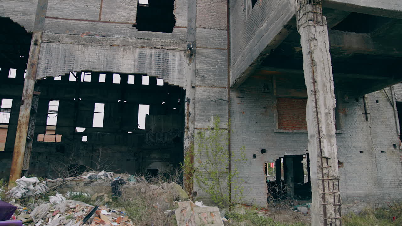 Empty ruined place. Abandoned territory with destroyed buildings with no people after the emissions of chemical attack. Post-apocalyptic zone.