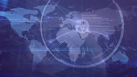 animación del procesamiento de datos financieros y mapa del mundo sobre fondo azul