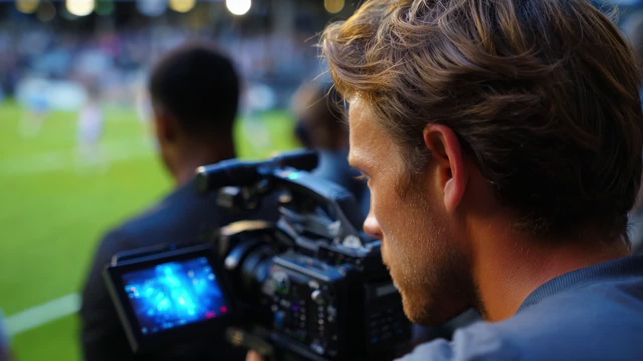 Catturare l'azione: un cameraman si concentra su una partita di calcio, con l'obiettivo di documentare ogni momento con precisione e abilità, immerso nell'atmosfera energica.