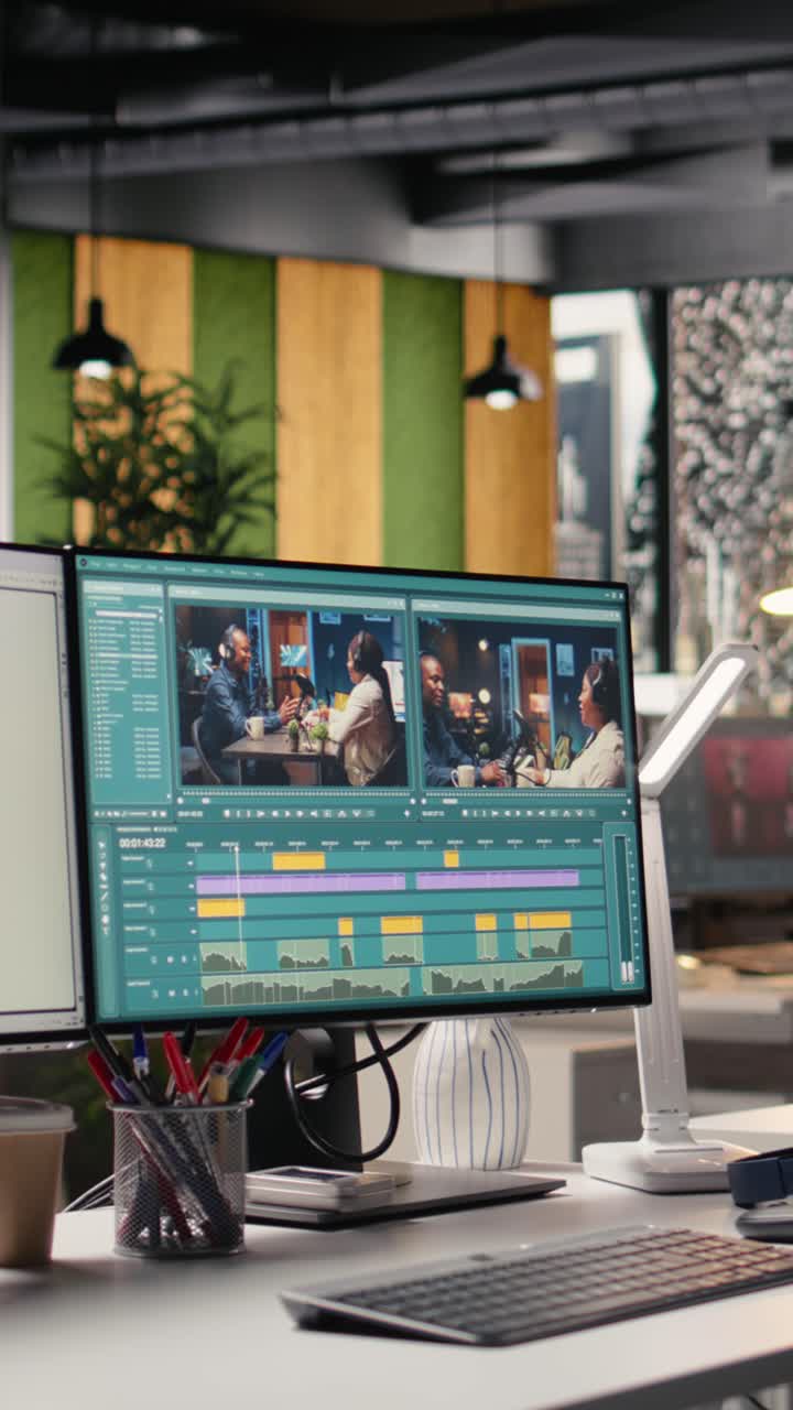 Video verticale di uno studio senza persone che mostra un PC con software avanzato di montaggio video