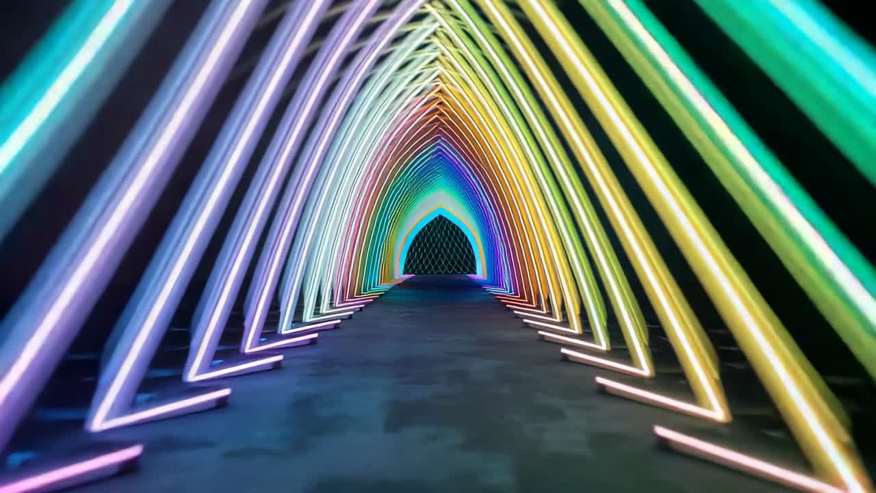 Advancing camera gliding through neon-lit triangular tunnel at gallery space, pulsing spectrum
