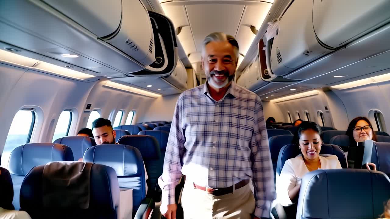 A man walks down the aisle of an airplane with several other passengers