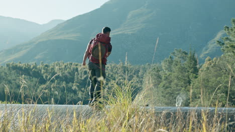 throw, stone or man hiking by river in nature