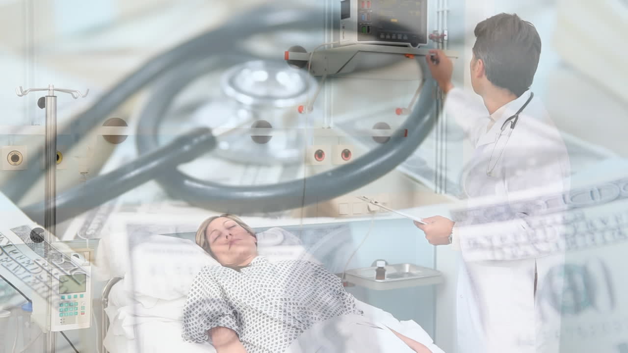 병원 침대에 누워 있는 여성 환자 위에 미국 달러 지폐에 누워 있는 스테토스코프의 애니메이션