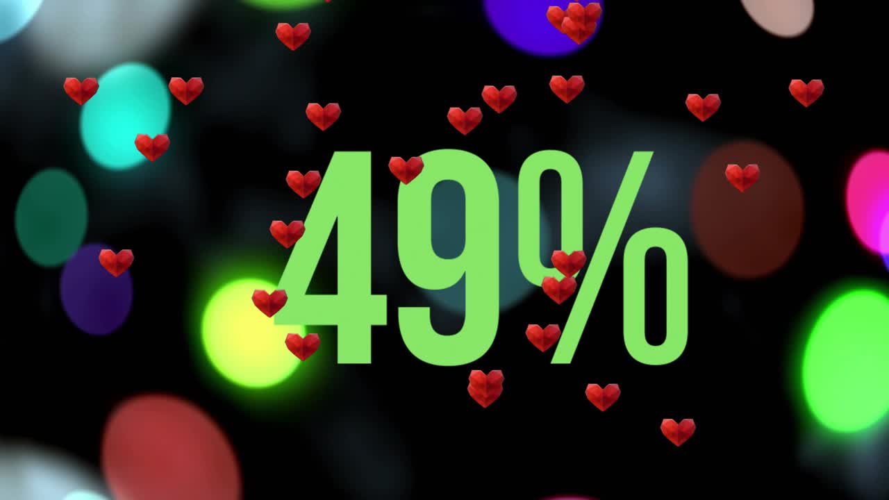 Bokeh orbs drifting, green percentage fading in, hearts floating and numbers rising showing loading