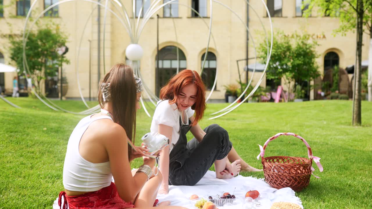 두 친구 가 도시 공원 에서 피크닉 을 즐기고 있다