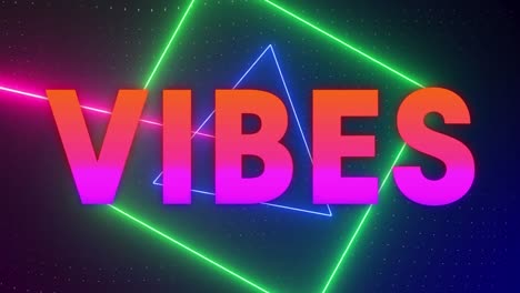 Animation-of-vibes-in-orange-and-purple-text-over-moving-coloured-neon-shapes-and-light-beams