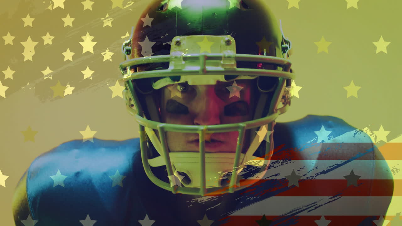animación de jugador de fútbol americano caucásico y bandera de ee.uu.