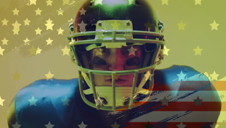 animation of caucasian american football player and flag of usa