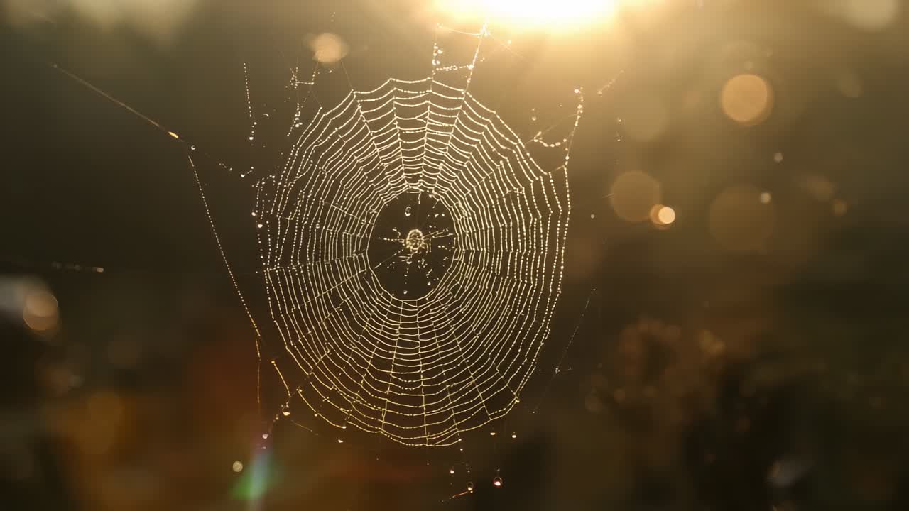 Causing dewdrops to shine, rising sun backlighting orb spider web in meadow, with motionless spider