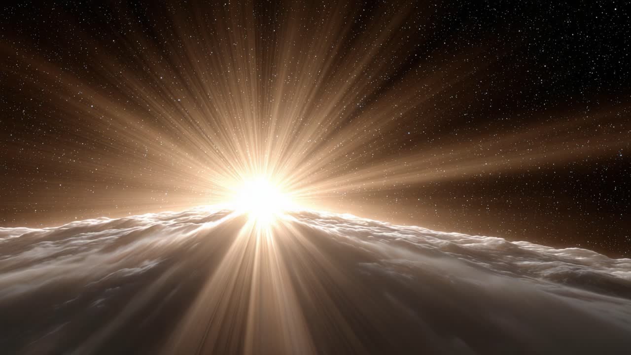 Majestic Cosmic Sunrise: A Breathtaking View of Celestial Radiance Illuminating the Clouds and Stars in a Vision of Cosmic Splendor and Tranquility