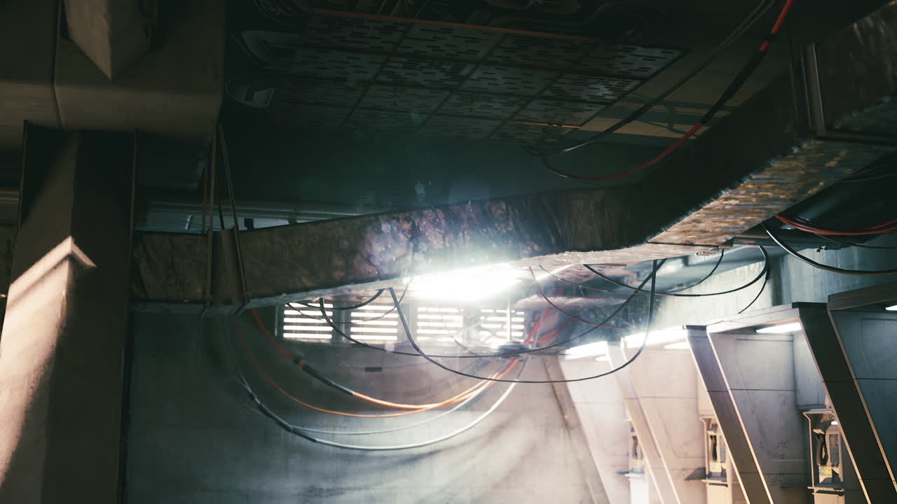 Industrial underground space with wires and sunlight filtering through