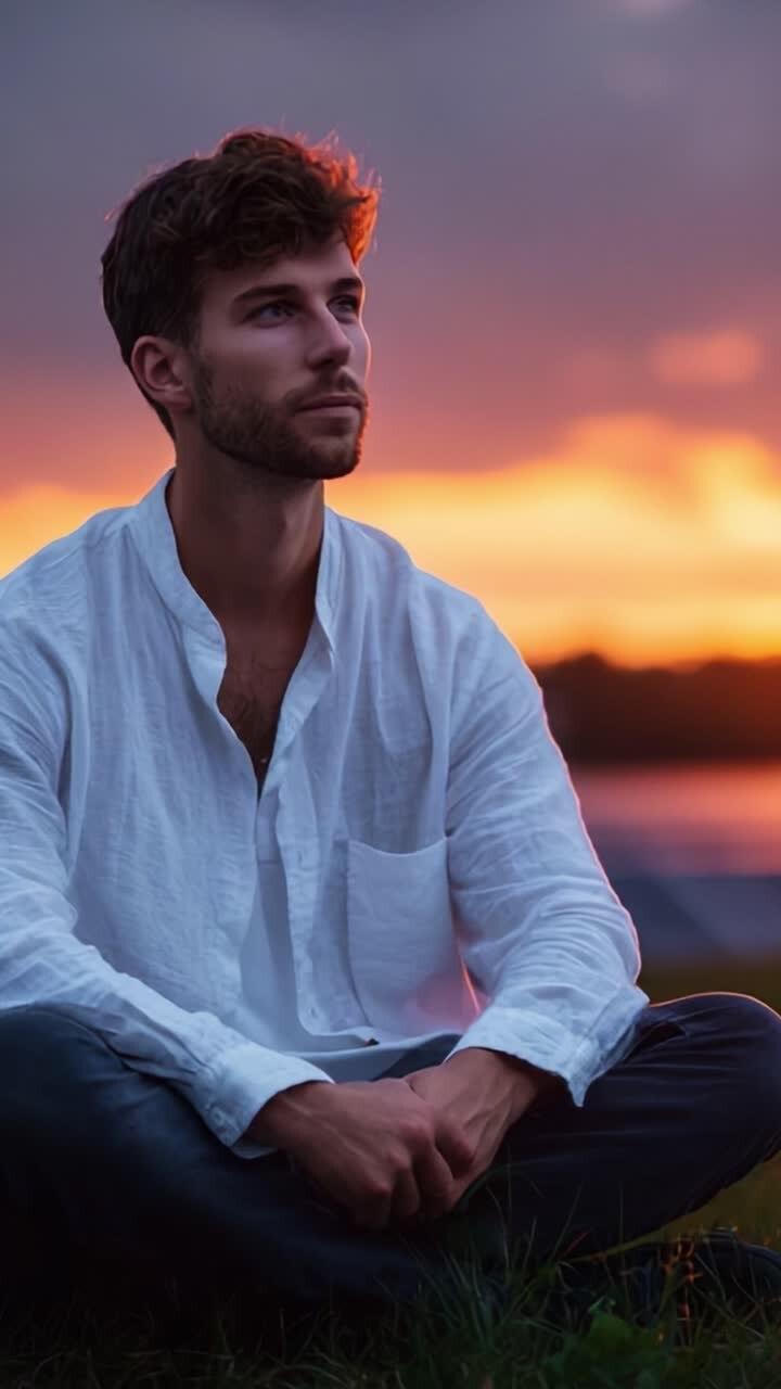 Un sereno ritratto di un giovane uomo assorto nei suoi pensieri seduto nella natura, incorniciato da un suggestivo tramonto sullo sfondo, che mostra la bellezza della solitudine e della riflessione in un ambiente esterno