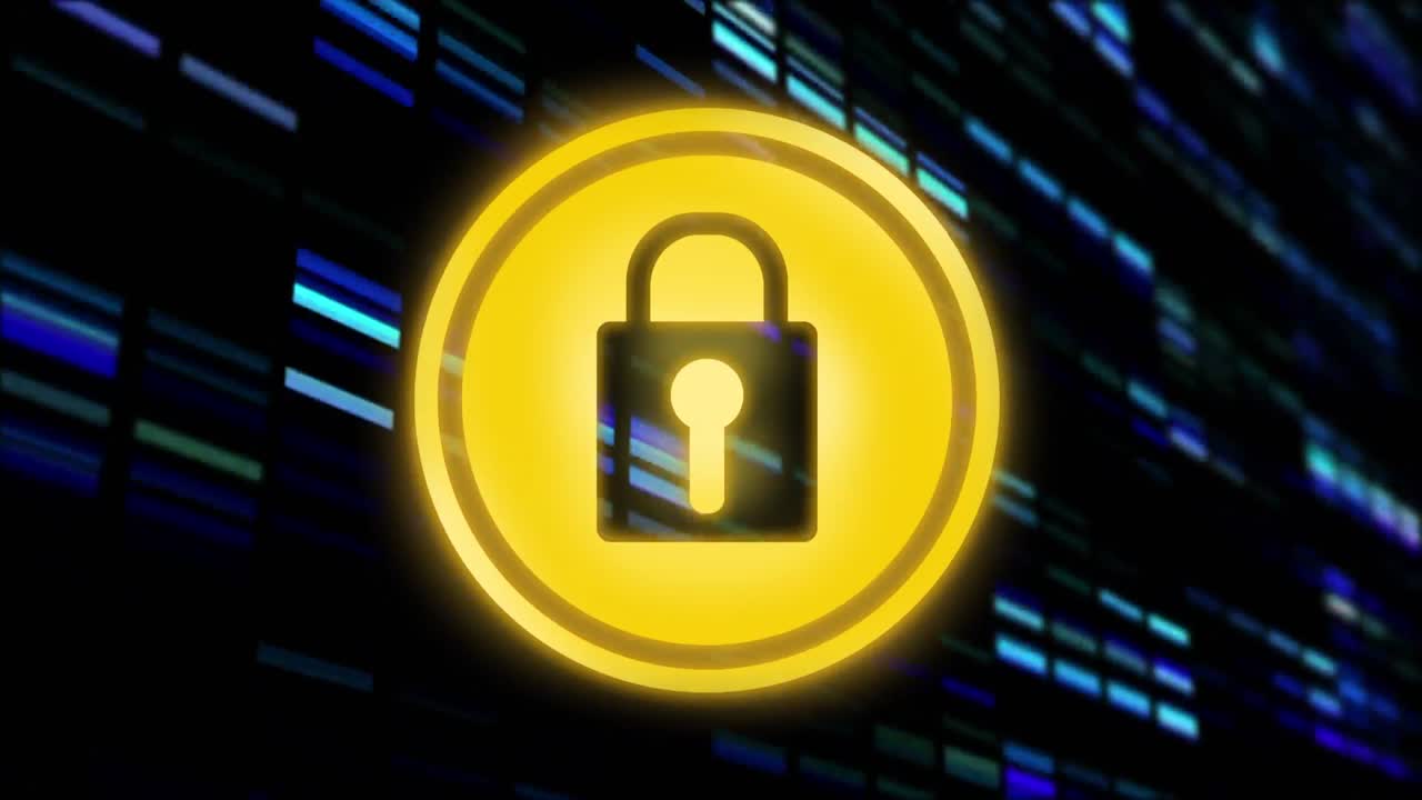 animación de código binario, red de conexiones y candado de seguridad en línea sobre fondo gris