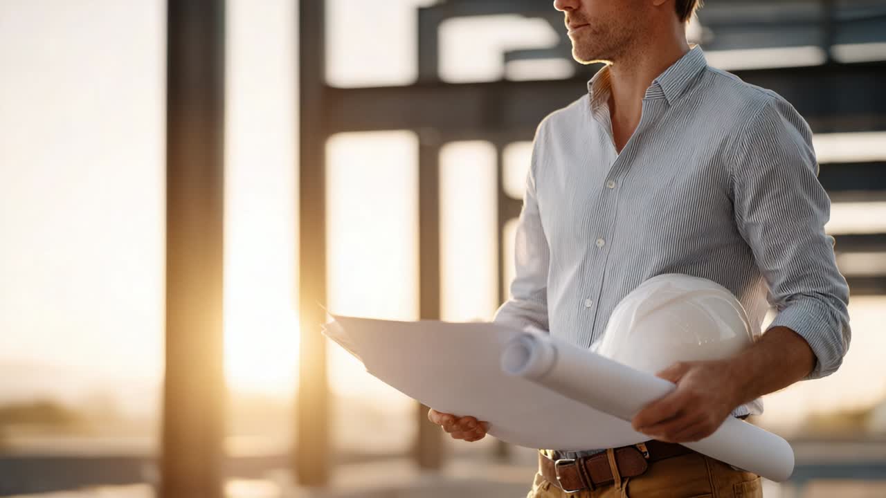 Focused Professional Examining Blueprints at Construction Site During Sunset, Demonstrating Commitment to Successful Project Completion and Team Collaboration