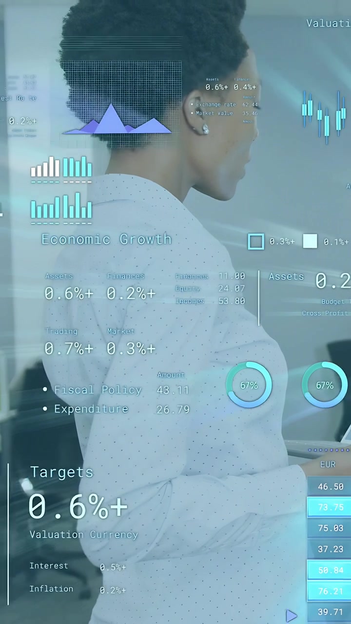 Vertical video: Woman stepping, turning in biz office, showing data with HUD charts tracking torso