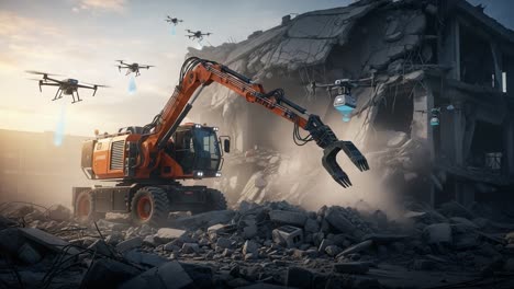 advanced demolition in action: a heavy-duty excavator collaborates with drones to efficiently tear down a ruined building amidst dust and debris