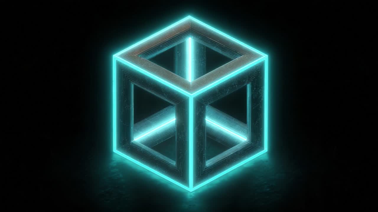 Seamless loop animation of a rotating impossible Penrose cube with glowing cyan neon edges, featuring a metallic textured surface reflecting on a dark, glossy floor in an endless, hypnotic motion