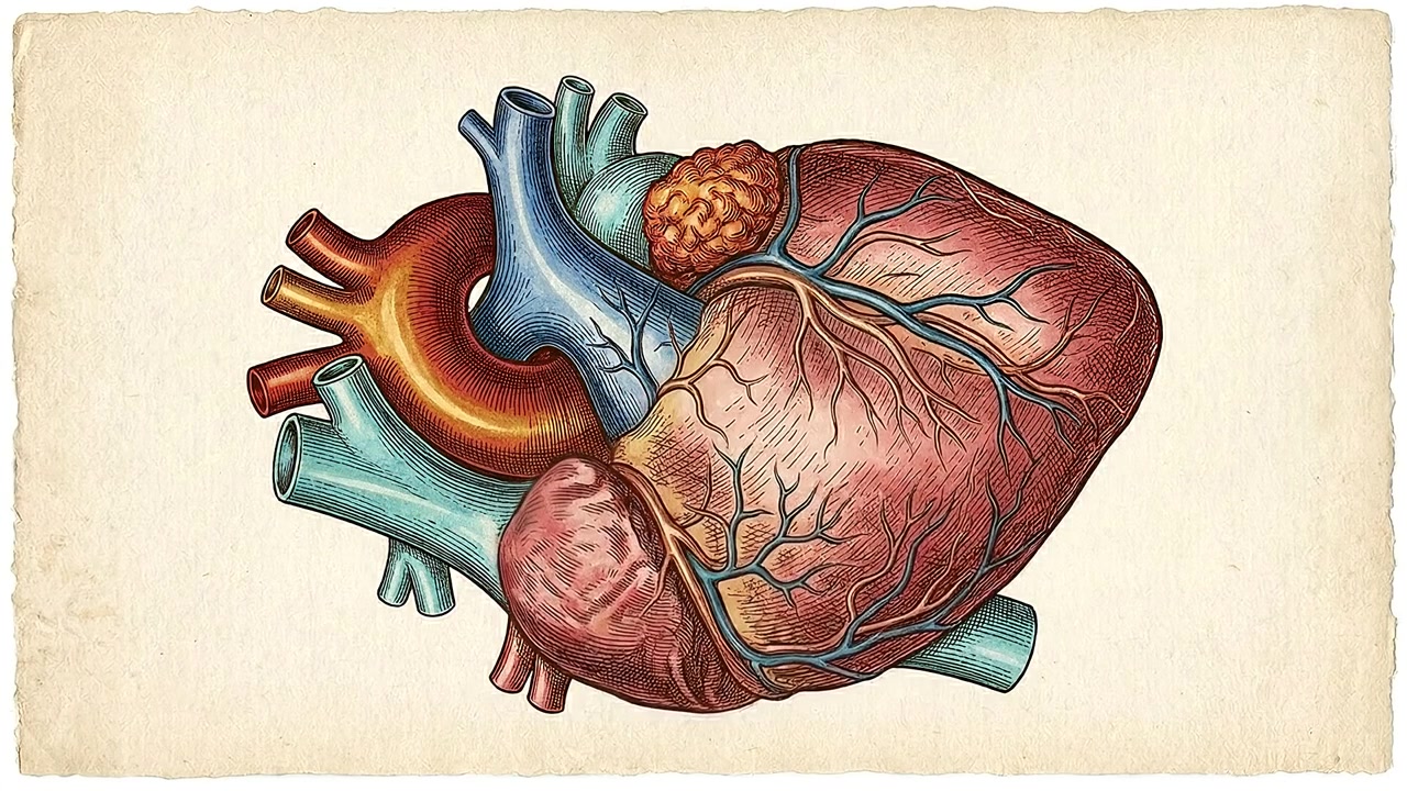 Illustrazione anatomica in stile vintage del cuore umano e della ramificazione vascolare