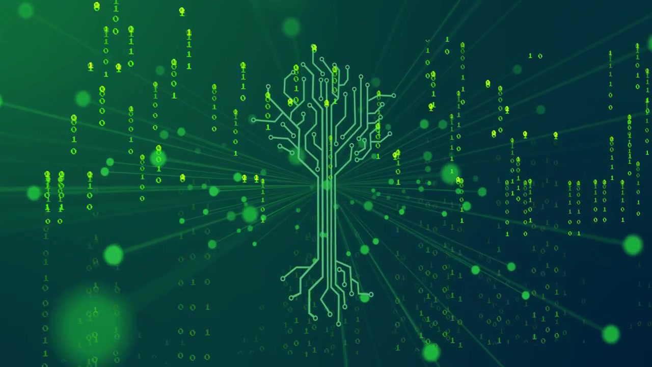 Falling binary streams causing circuit-tree forming, tree glowing, sending data rays, forming hub