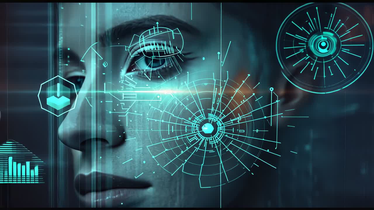 Data cascading over woman face starting biometric scanning in lab with radial interface, bar chart