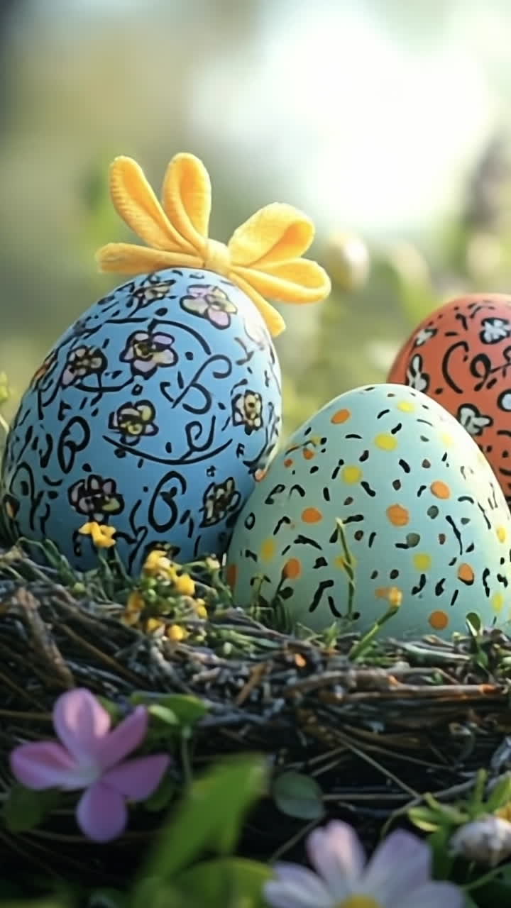 Colorful Easter eggs in a flower nest. Colorful Easter eggs rest in a flower-filled nest under soft sunlight in a serene outdoor setting.