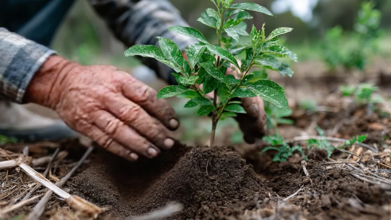 Nurturing Growth: The Careful Process of Planting a Young Sapling in Fertile Soil by Hand for Sustainable Gardening Practices