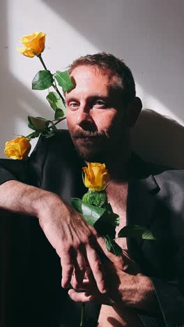 man with yellow roses in sunlight